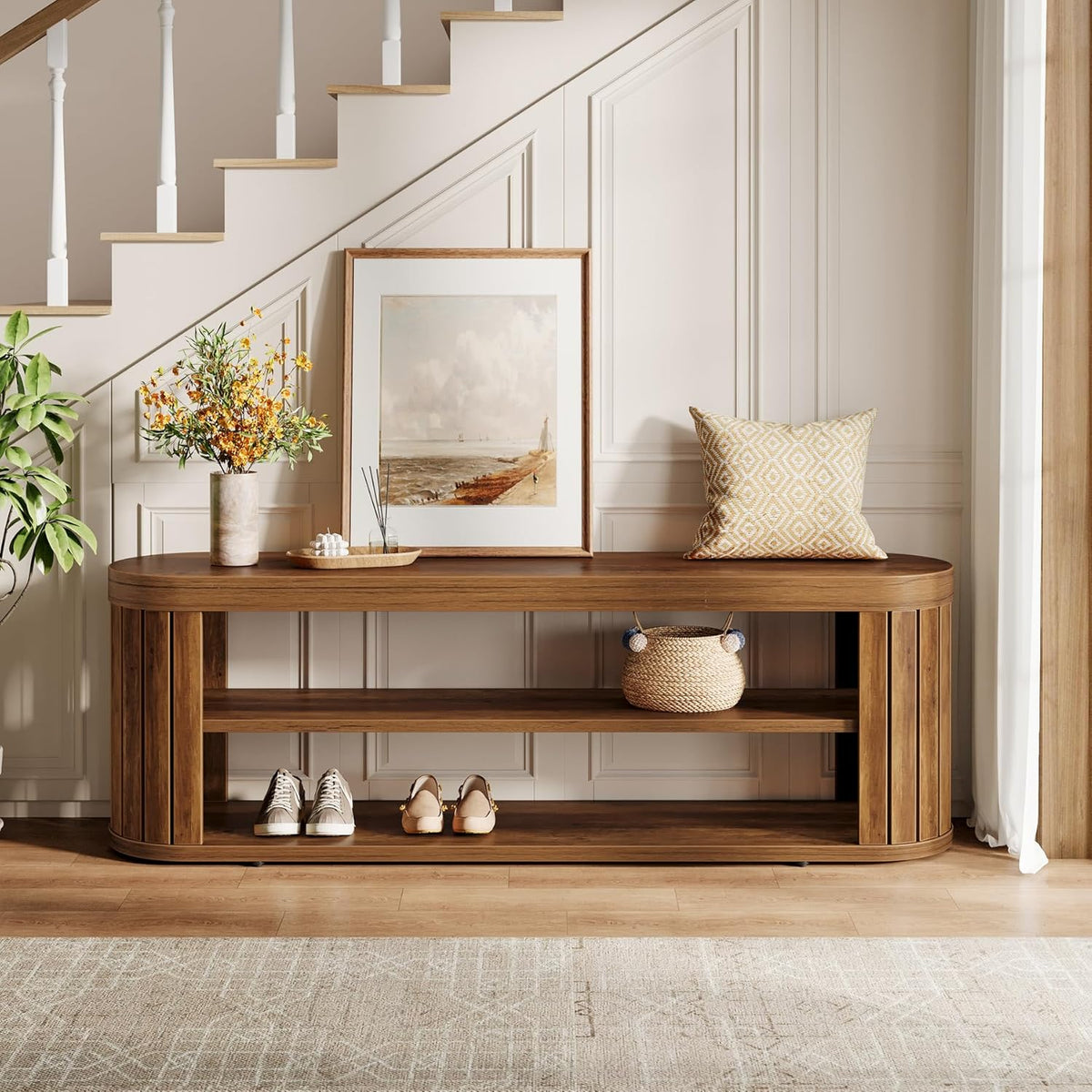 Tribesigns 47.2" Wooden Entryway Bench with 2-Tier Shoe Storage, Farmhouse Dining Bench with Adjustable Foot Pads, End of Bed Stool for Bedroom, Hallway, Living Room, Dining Room, Rustic Brown