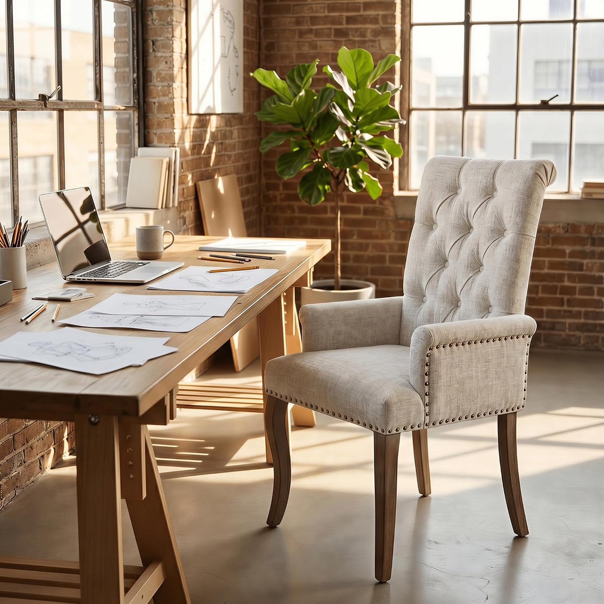 Upholstered Dining Chairs with Arms Set of 2, Greyish Beige, 2 Pack | Tufted Chenille Kitchen Chairs with Arms, Modern Farmhouse Armchair with Nailhead Trim for Dining Room, Home Office