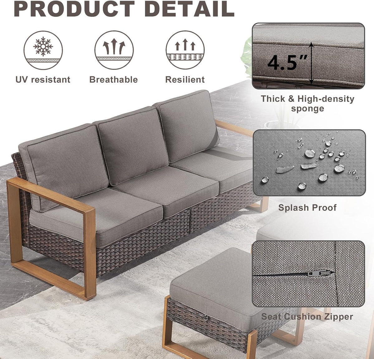Rilyson Outdoor Couch Wicker Patio Sofa, Rattan Patio Furniture Sofa with Sturdy Frame,All-Weather PE Wicker,Wide Armrest,Deep Seating and Thick Cushions for Deck Porch Garden(Brown/Grey)