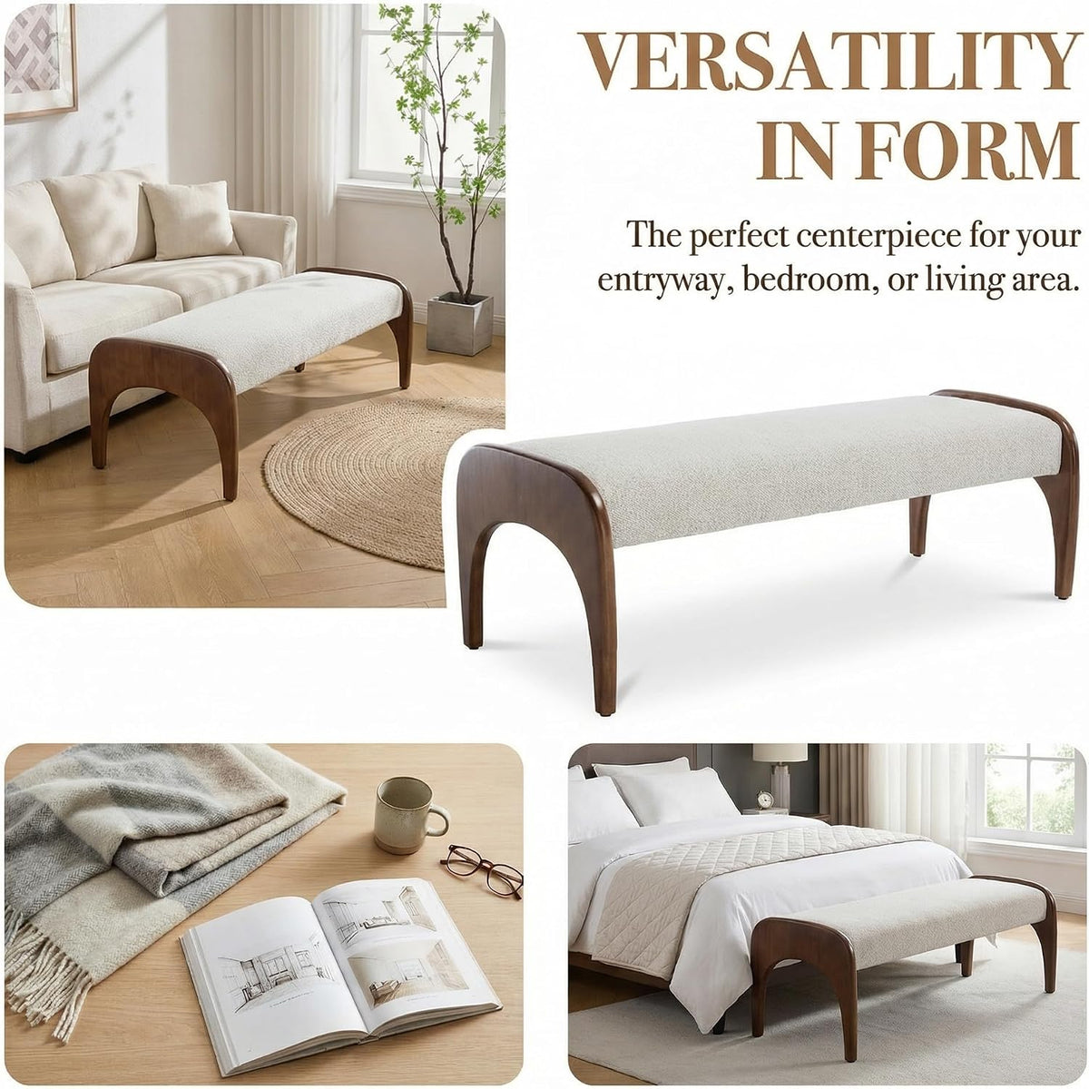LukeAlon 51-Inch Extra Long Upholstered Bench with Cute Solid Walnut Rubber Wood Legs, Minimalist Bed End Bench for Bedroom, Living Room, Dining Table, Entryway Hallway Seat, Fur Fabric in Beige