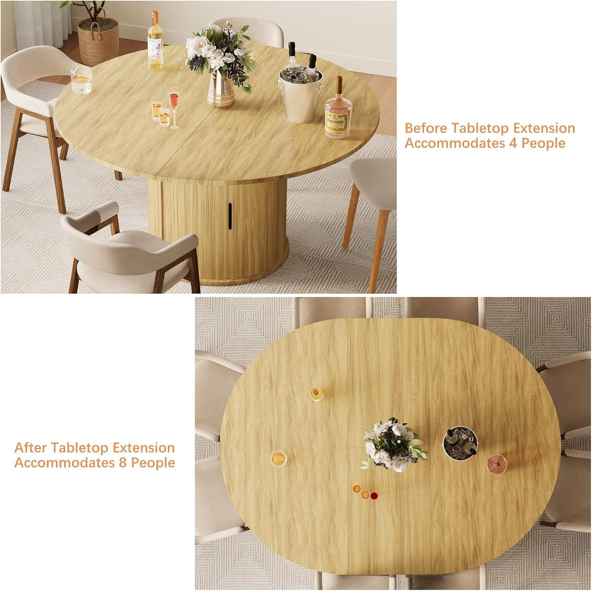 Dining Table for 4-6,59“Extendable Round Dining Room Kitchen Table with Storage,Round Table for Living Room,Fluted Wood Table with Slide Door,Expandable Oval Dinner Furniture with Pedestal Base,Oak