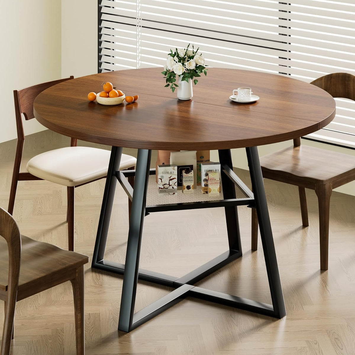 47 Inch Round Dining Table for 4-6, Space Saving Circle Kitchen Table with Storage, Mid Century Modern Dinner Table with Metal Legs, Wooden Farmhouse Dining Room Table for Living Room, Walnut
