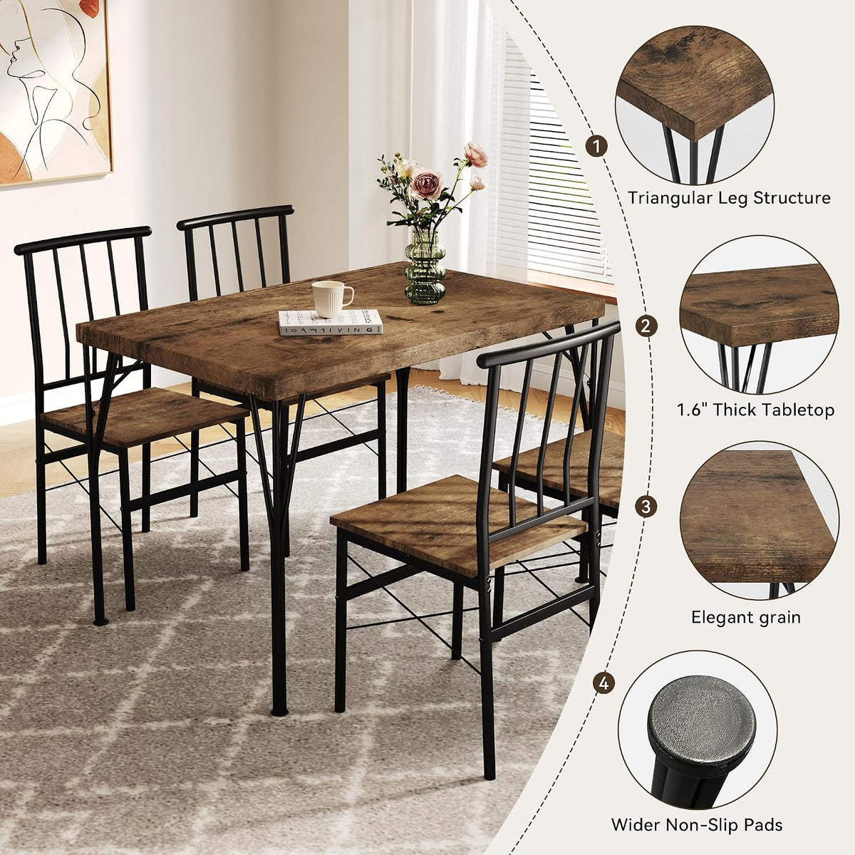 Dining Table Set for 4 with 1.6" Thick Tabletop, 5-Piece Kitchen Table Set, Space-Saving Rectangular Dining Room Kitchen Table Chair Set for Small Space,Dinette,Apartment,Rustic Brown