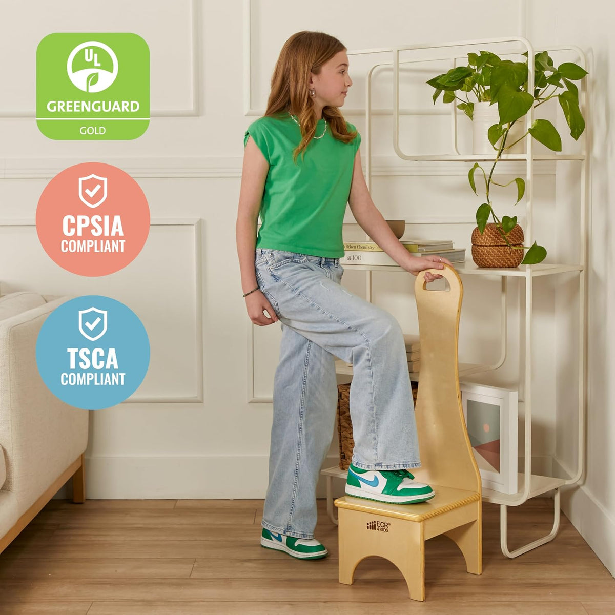 ECR4Kids Step Stool with Long Handle, One Step, Wooden, Montessori Furniture, Natural