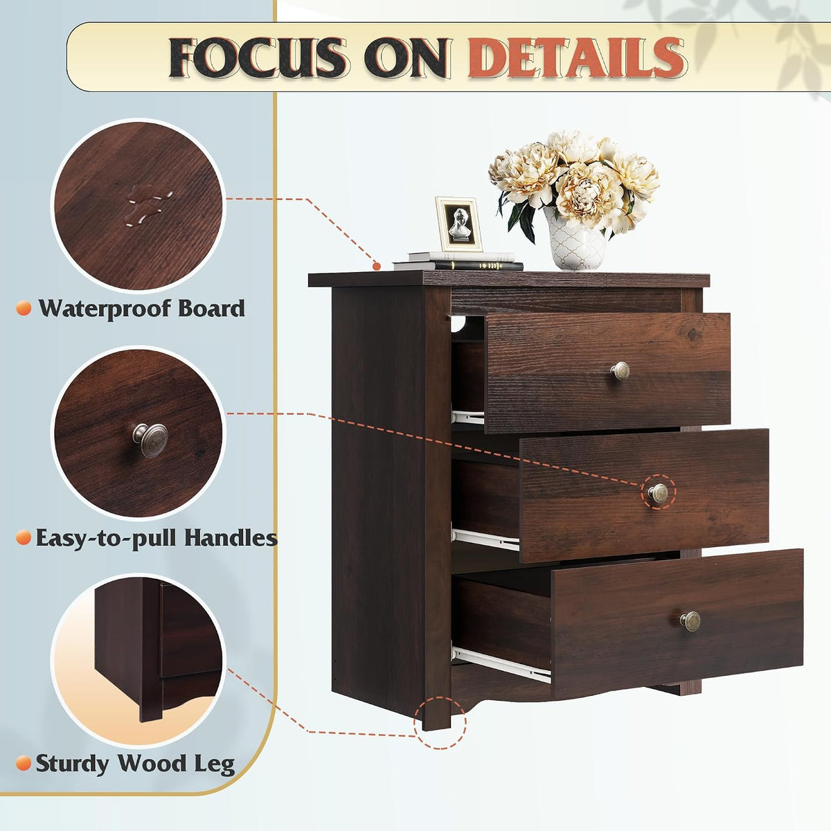 WLIVE Tall Nightstand with Charging Station, Wood Night Stand with 3 Drawers Storage, Bedside Table End Side Tables with 2 USB Ports and Outlets for Bedroom, Closet, Espresso