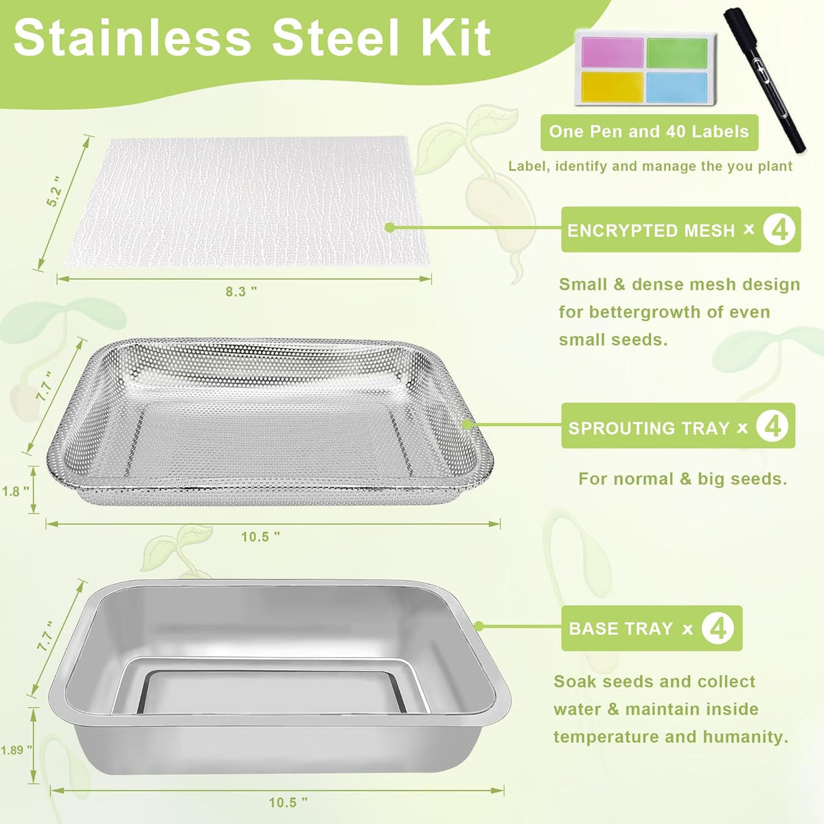 Stainless Steel Sprouts Growing Kit 4-Tier 10.4 inch Trays, Microgreens Growing Kit, Seed Sprouting Tray with Encrypted Mesh Sprouts for Beans Alfalfa Broccoli Wheat Grass
