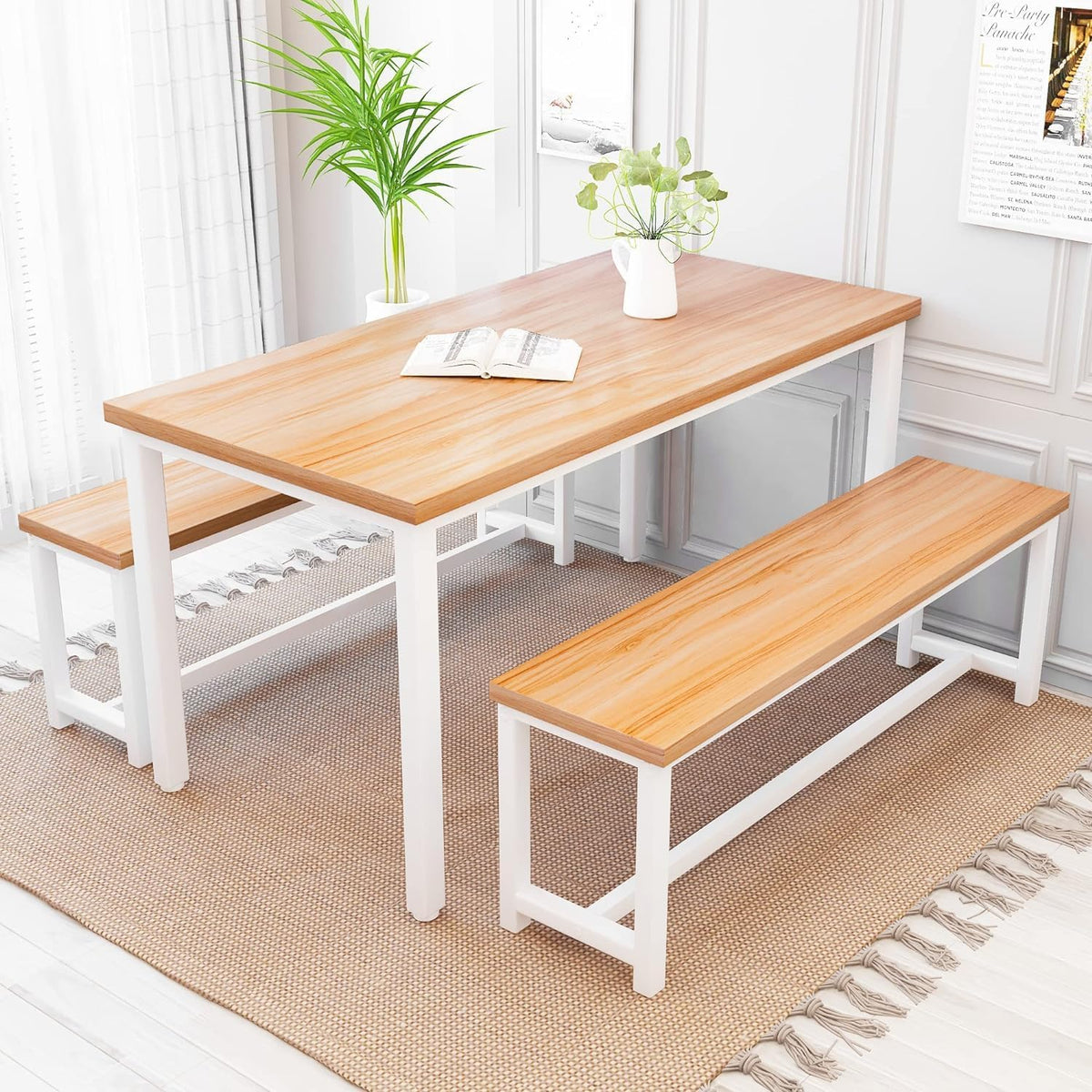 DKLGG Dining Table Set for 4, Wooden Kitchen Table with 2 Dining Bench | 47.2” Farmhouse Dining Room Table Set, Space Saving Table and Chairs Set for Small Space, Kitchen,Dining Room,Apartment