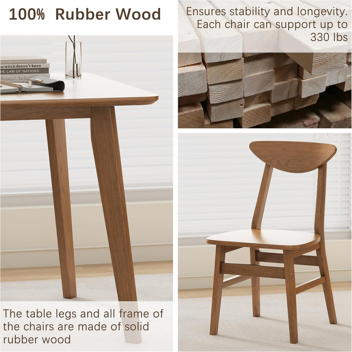 WiberWi 5 Piece Dining Table Set for 4, Solid Wood Kitchen Table Chairs Set of 4, 43.3” Space-Saving Mid Century Modern Dining Room Table, Walnut Home Furniture