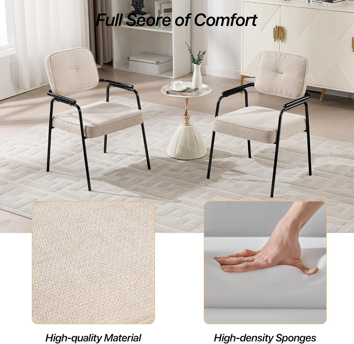 HENGJIANYI Accent Chair Dining Chair Set of 2, Chenille Upholstered Armchair Reading Side Chair, Comfy Living Room Chair with Black Metal Legs for Bedroom Waiting Room, Beige