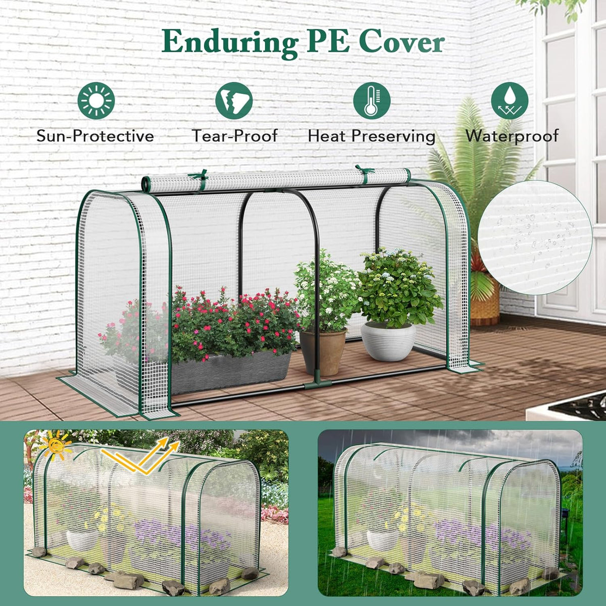 Mini Greenhouse, 47" x 22" x 24" Portable Greenhouse with Roll-Up Door, Ground Stakes, Metal Frame, Waterproof & Sun-Protective PE Cover, Small Green House for Outdoors & Indoors (White)