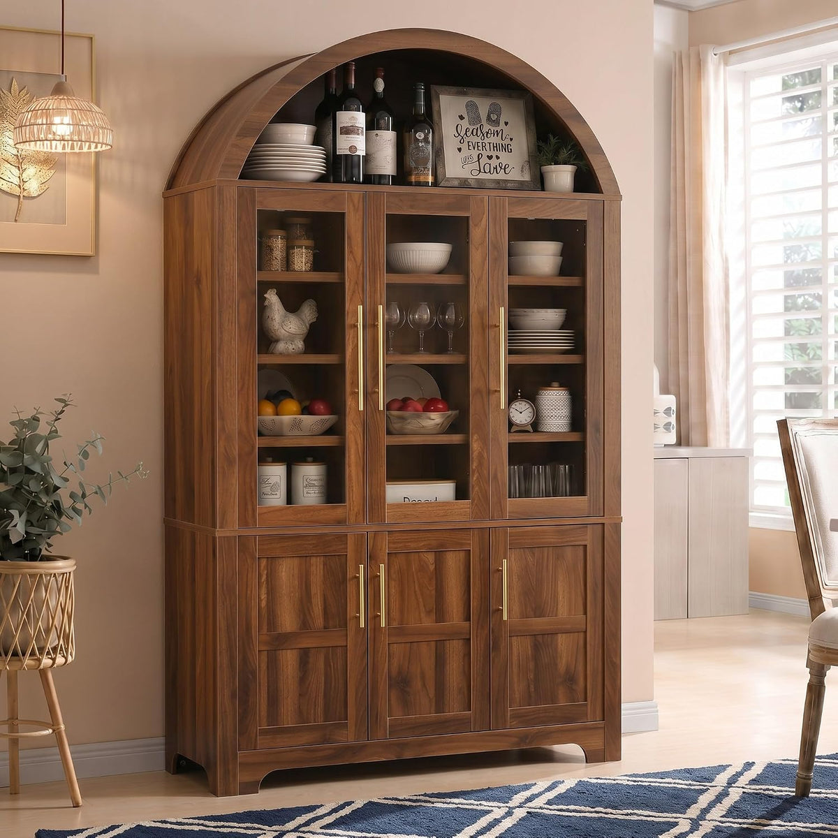 Merax 72.8" H Arched Kitchen Pantry with 3 Glass Doors, Kitchen Cabinet with Door Shelves and Adjustable Shelves, Wooden Cupboard for Dining Room, Living Room or Kitchen, Walnut