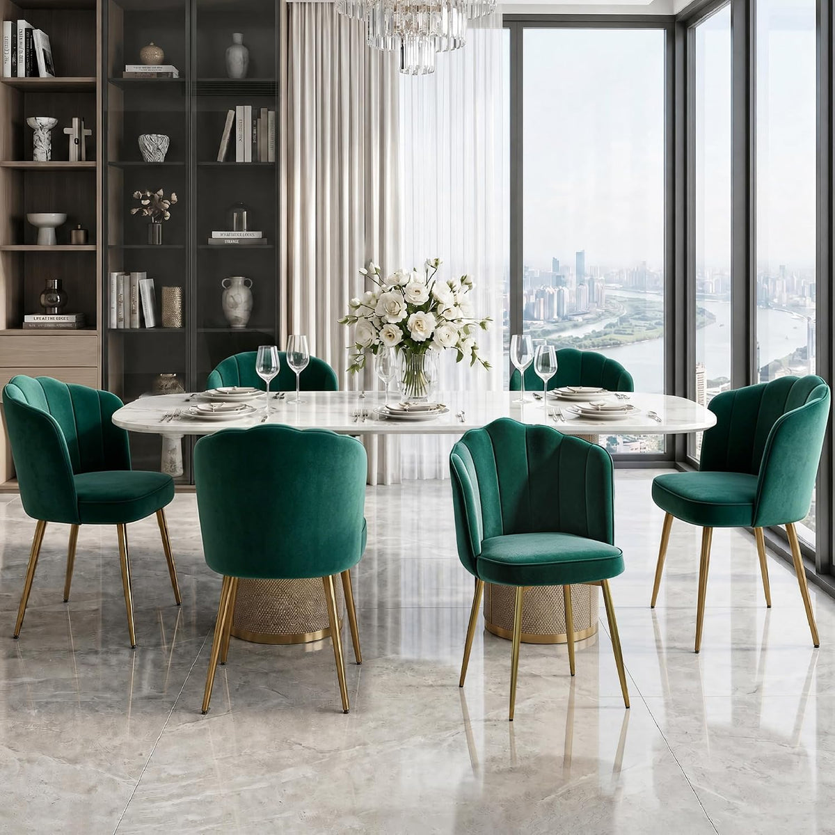 VECELO Velvet Dining Chairs Set of 4, Modern Upholstered Kitchen Chairs with Thick Cushions, Curved Padded Backrest and Metal Legs, for Kitchen, Dining Room, Living Room, Green
