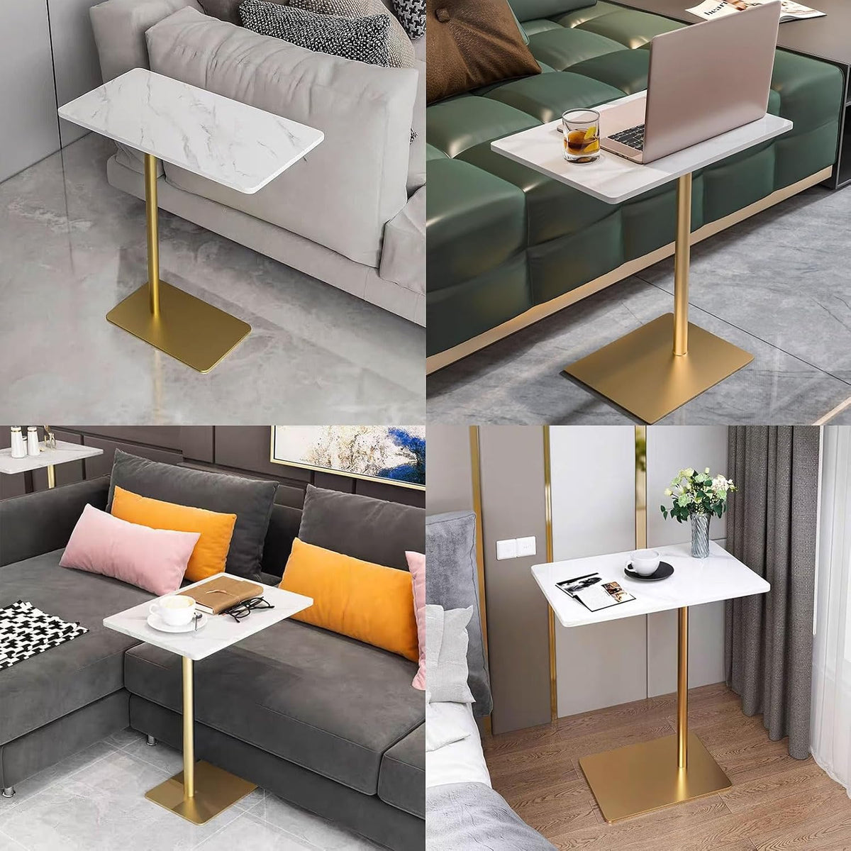 Drsyffsup Outdoor Coffee Table Side End Table with Marble Effect Top and Gold Metal Base C Shaped Modern Sofa End Table Work Desk for Couch Living Room Bedroom (Size : 48x33x65cm)