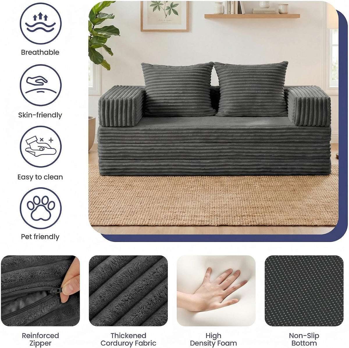 Convertible Sofa Bed, 4-in-1 Loveseat with Removable Armrests Backrest, Corduroy Futon Couch Bed with Pillow, Foldable Mattress Sleeper Sofa for Living Room Bedroom Small Place (Grey)