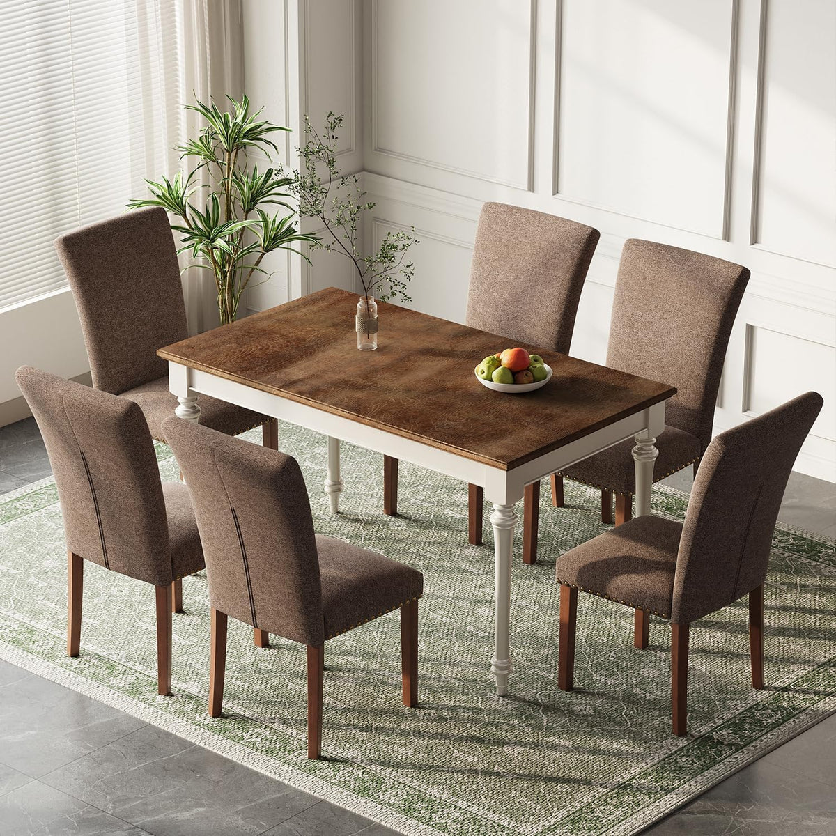 Farmhouse Dining Chairs Set of 6, High Back with Wooden Legs and Nailhead Trim, Modern Fabric Dining Room Chair for Kitchen/Restaurant