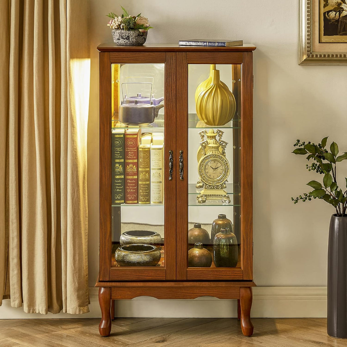 Lighted Curio Cabinet, Modern Floor Standing Glass Curio Cabinet Display Case Cabinet with Adjustable Shelves, Mirrored Back Panel and Tempered Glass Doors for Home/Office (Oak)