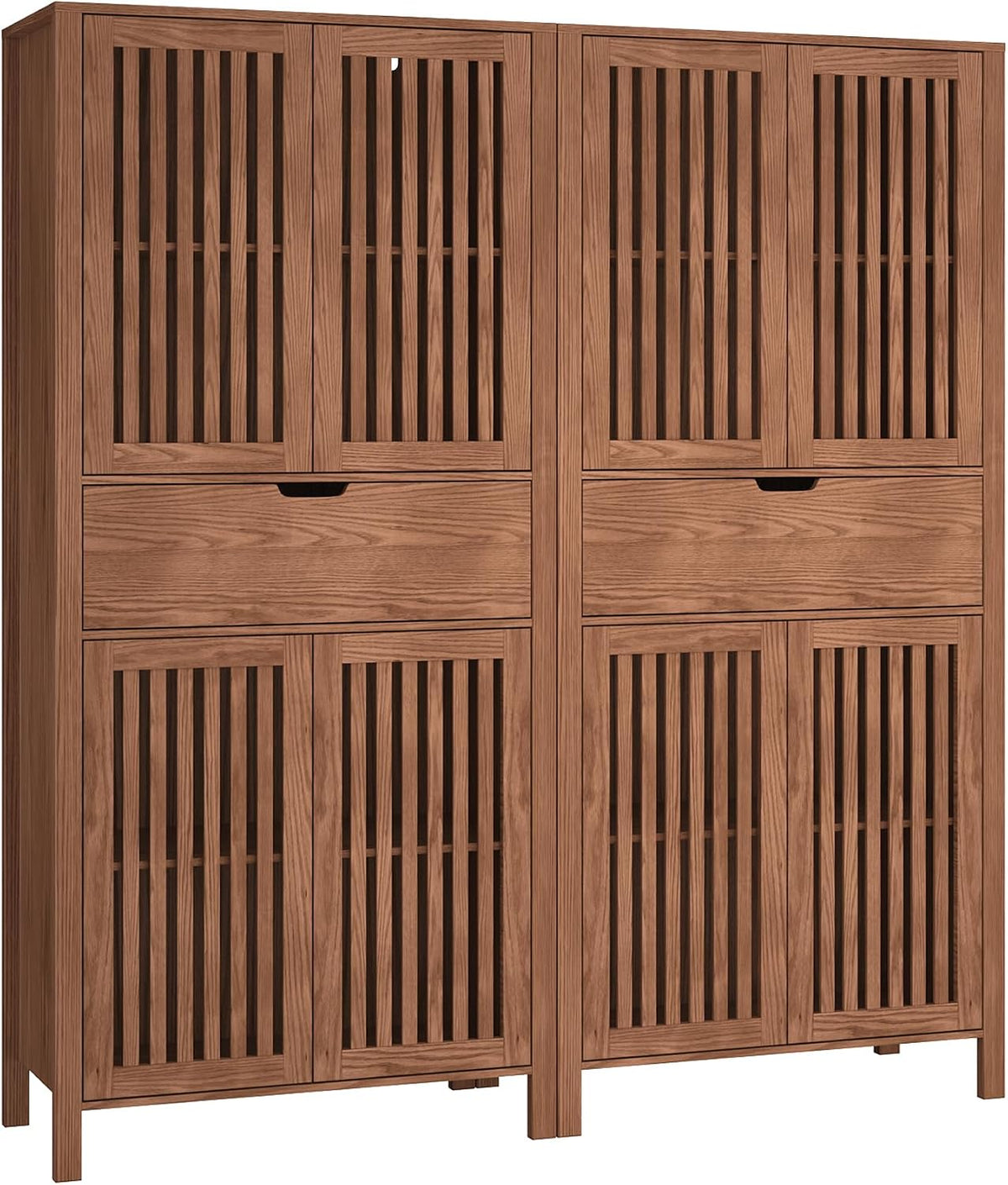 Set of 2 Pantry Cabinet, 69" Tall Freestanding Storage Cabinet with Louvered Doors and 4-Tier Adjustable Shelves, Modern Farmhouse Tall Cupboard with Large Drawers for Kitchen, Living Room, Brown