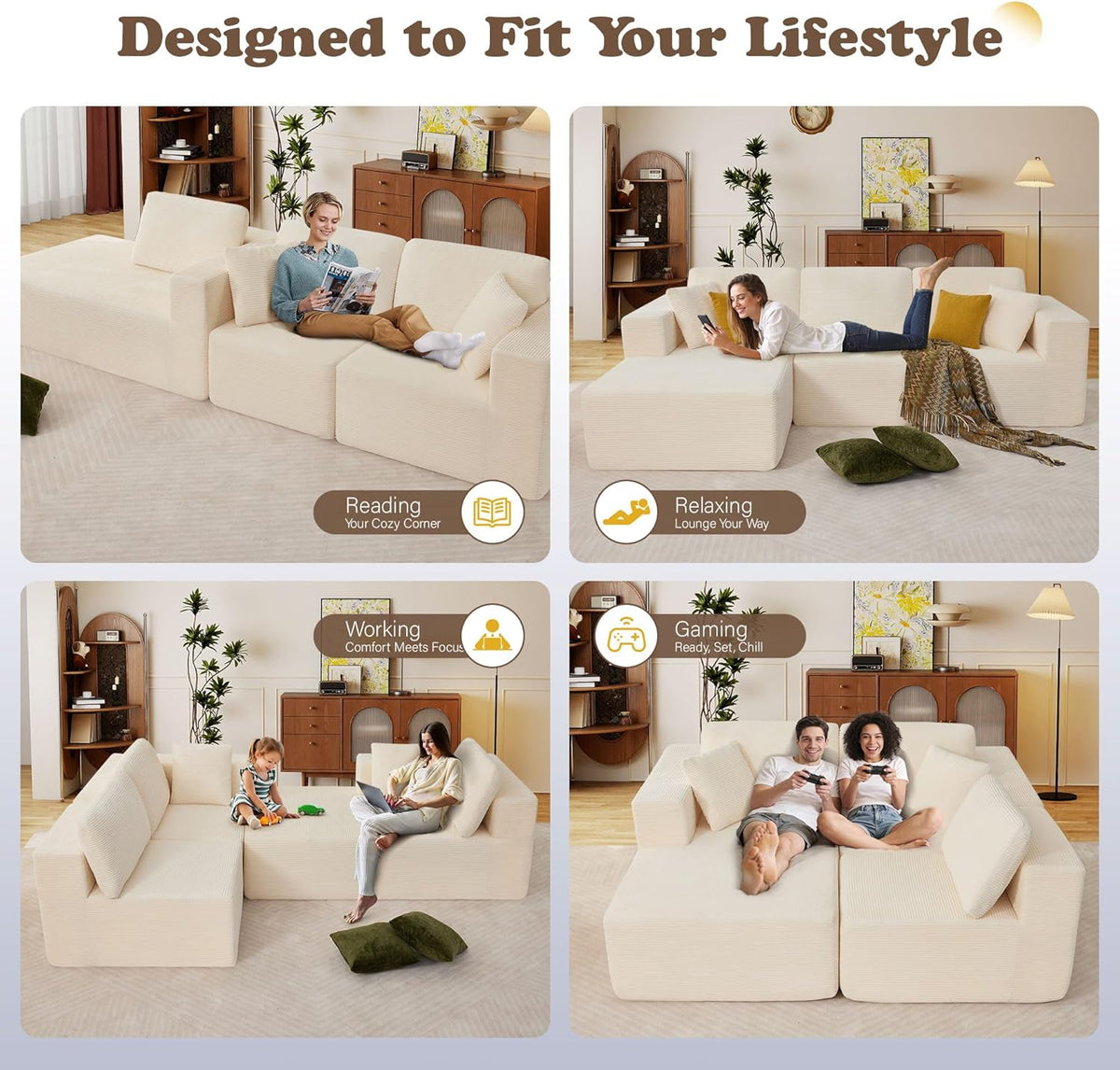 109” Cloud Sectional Couch, Modular Sofa with L-Shape Chaise, Deep Seat Corduroy Couch, No Assembly Required, Modern Upholstered Sectional for Living Room Apartment Bedroom