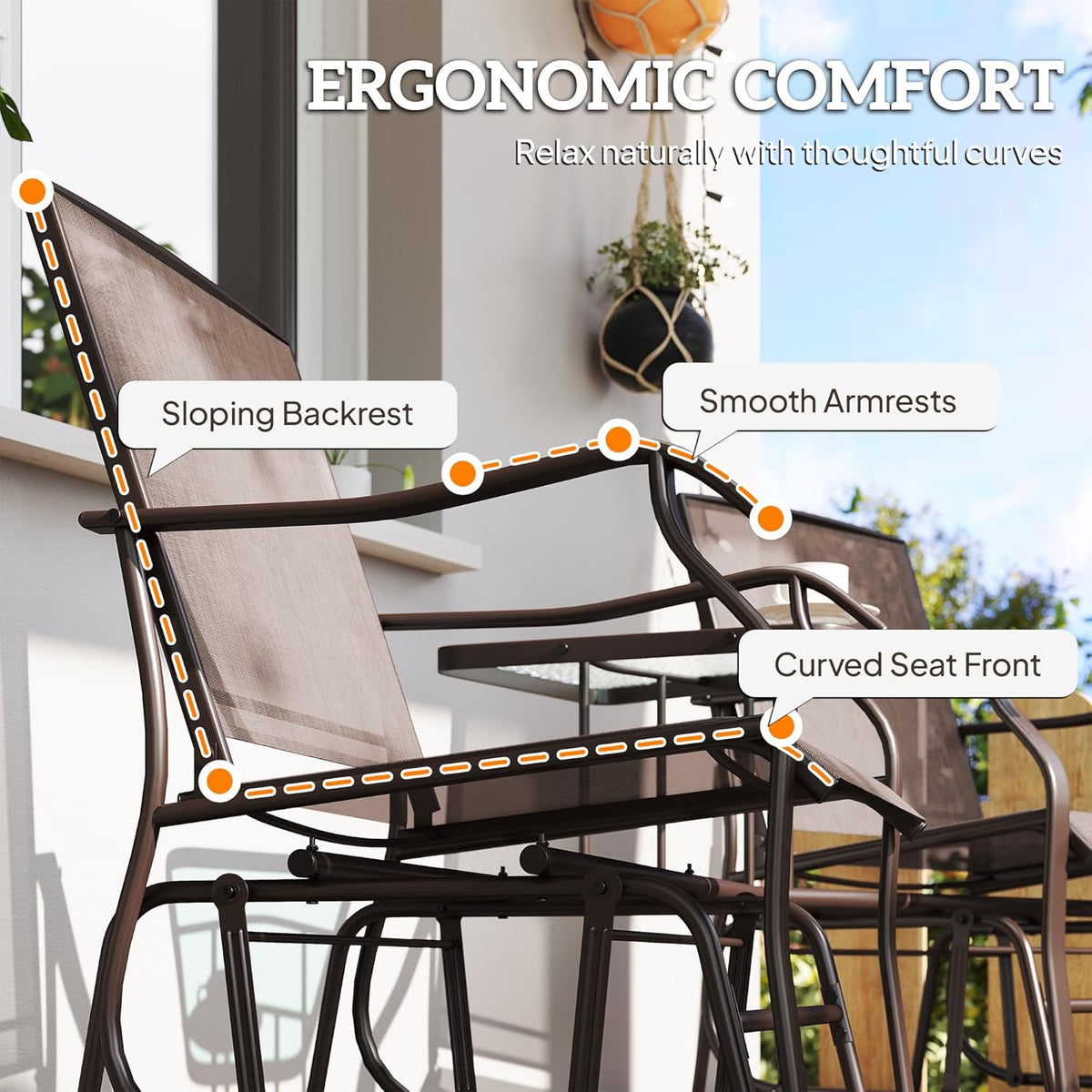 Outsunny Outdoor Glider Chair with Table 2-Seat Patio Loveseat Coffee Brown | Rocking Chair Swing Love Seat, Breathable Sling, Backyard Garden Porch