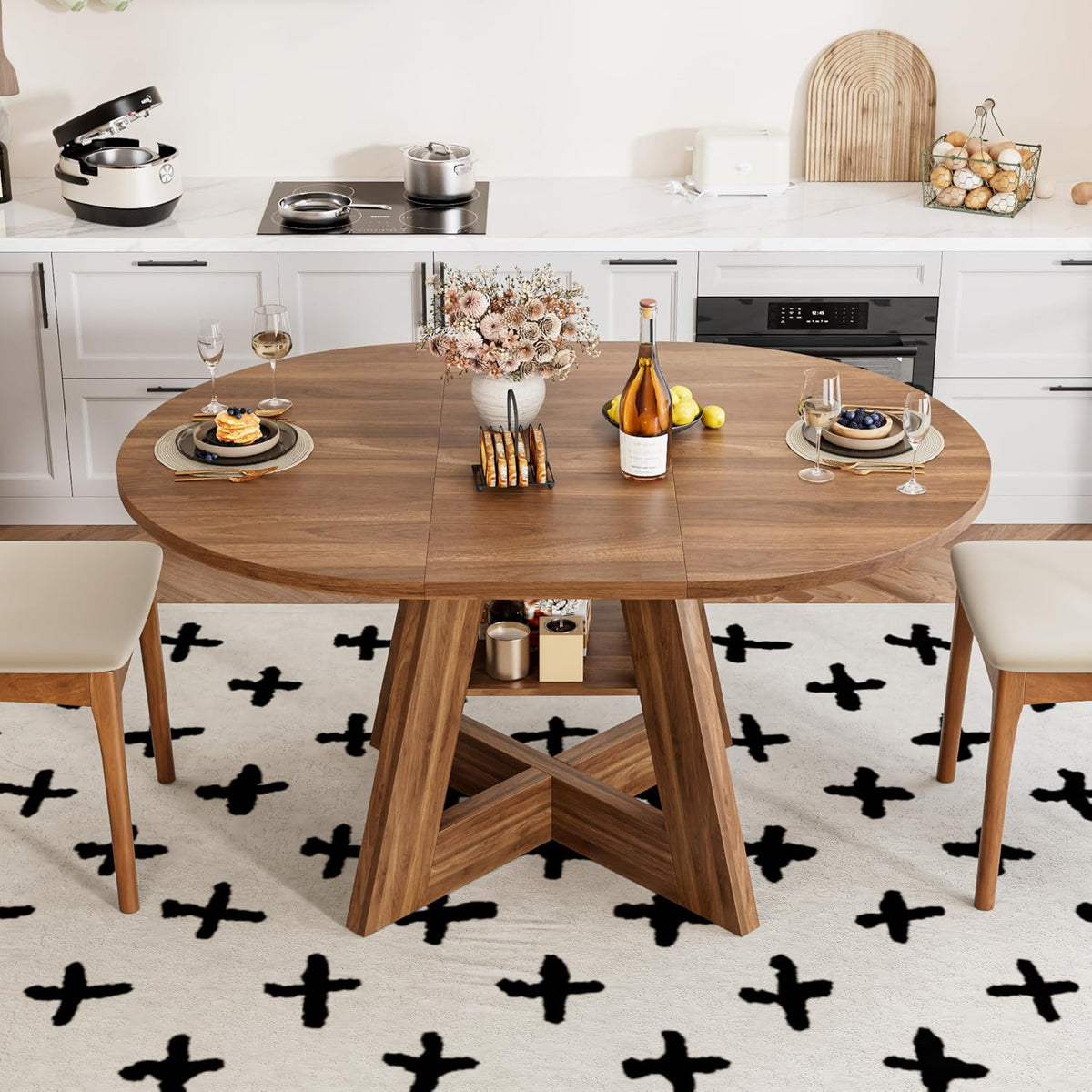 43.3in-59in Extendable Dining Table for 4-6, Round Kitchen Dining Room Table with Removable Leaves Space Saving, Space Saving, Wooden Cross Base with Storage Shelf for Kitchen Living Room (Walnut)
