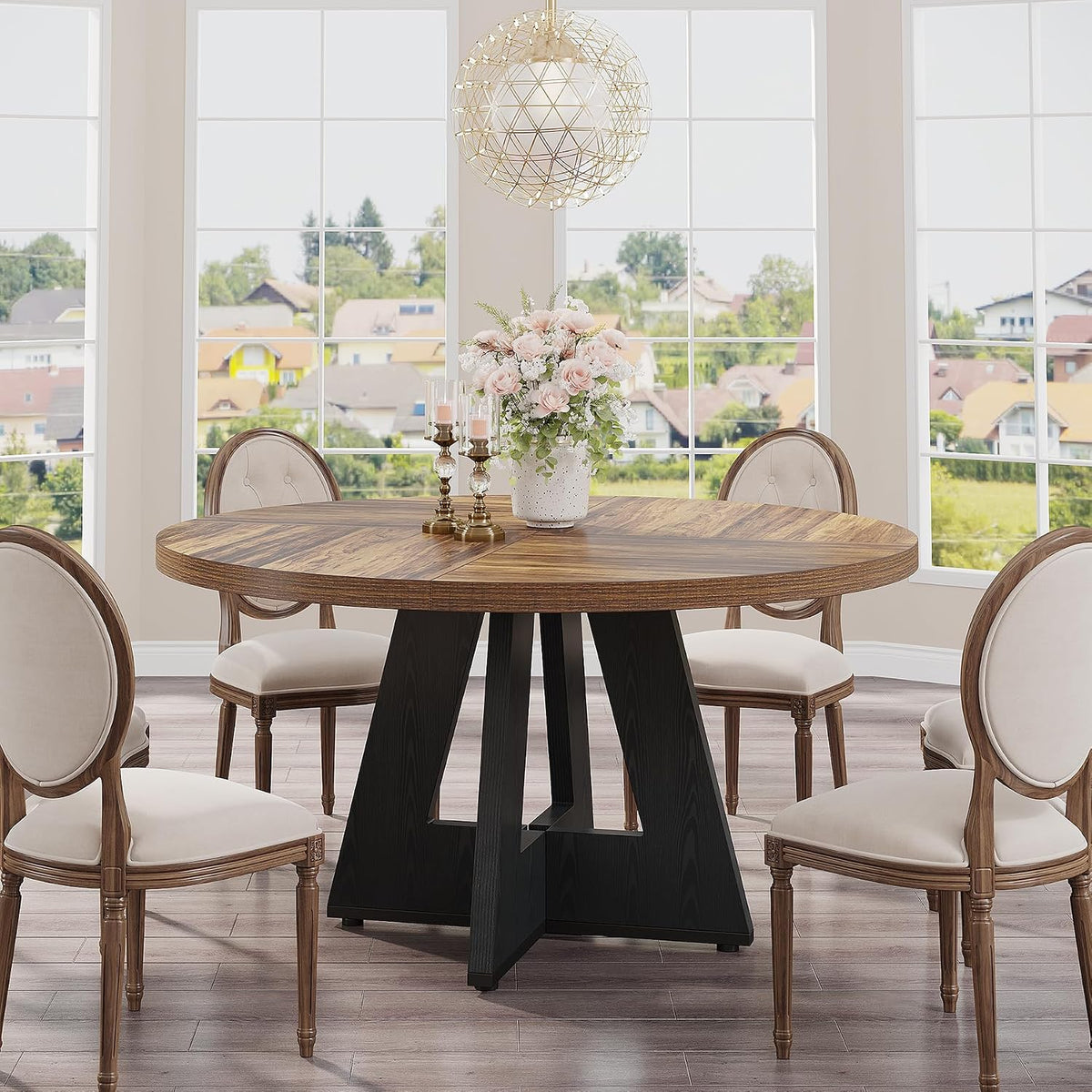 Tribesigns 47 inch Round Dining Table Wood Kitchen Table for Dining Room, 47" Dinner Room Tables for 4-6, Farmhouse Accent Furniture with Wooden Tabletop and Cross Base, Rustic+Black