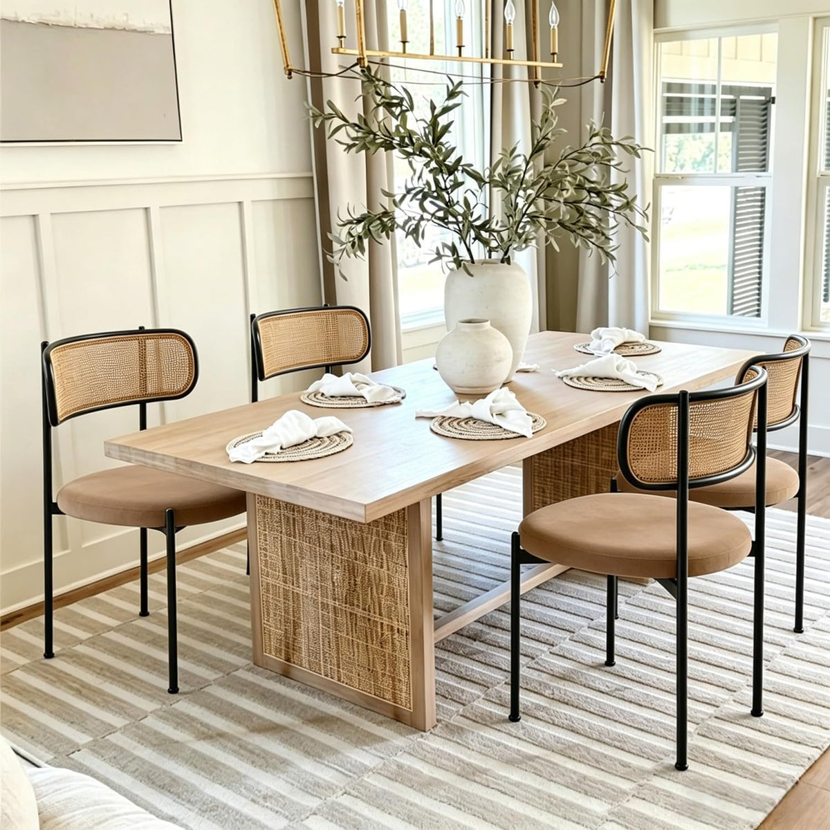 Rattan Dining Chairs Set of 6, Kitchen Chairs with Curved Cane Backrest &Metal Legs, Modern Dining Room Chair, Round Upholstered Sherpa Chair for Living Room, Brown