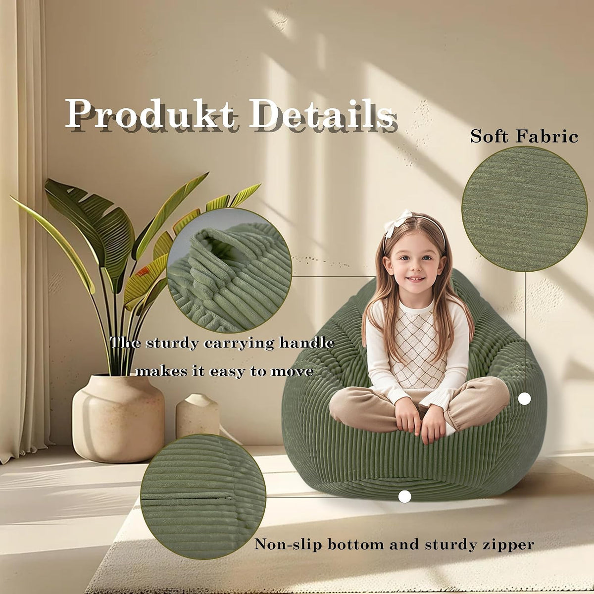 LPMOERA Soft Corduroy Kids Bean Bag Chair with Memory Foam Filling Green | Hidden Zipper,Versatile Home Decor,Floor Sofa,Suitable For Rest & Lounge,Pull-Handle