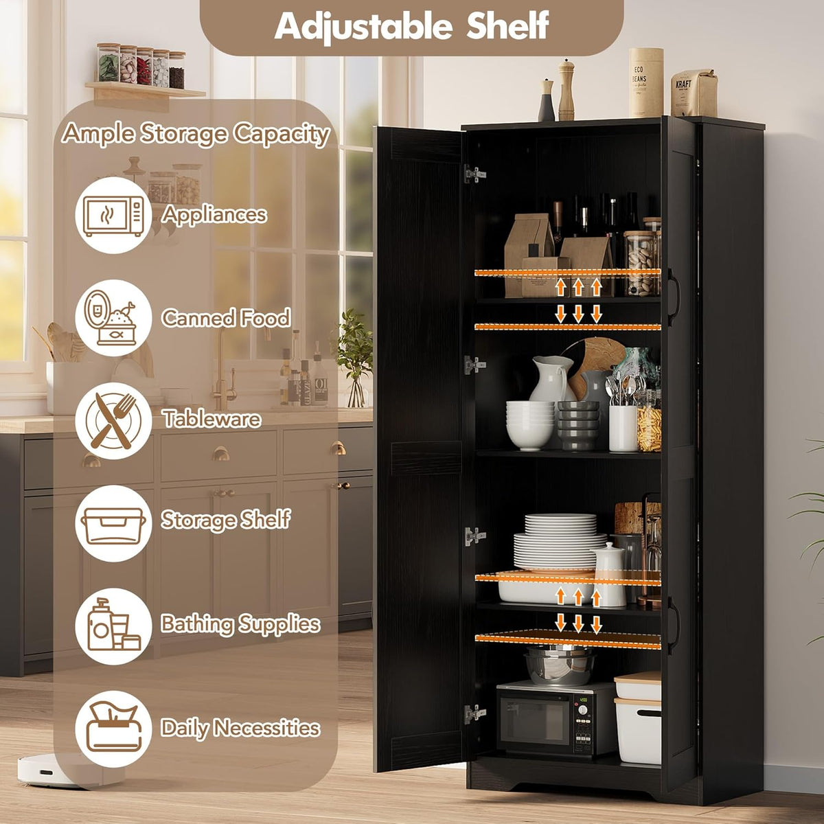 GarveeLife Tall Pantry Cabinet with Adjustable Shelves, 60" Freestanding Kitchen Pantry Storage Cabinet with Anti-Tip Device, MDF Cupboard for Kitchen, Bathroom, Living Room, Black