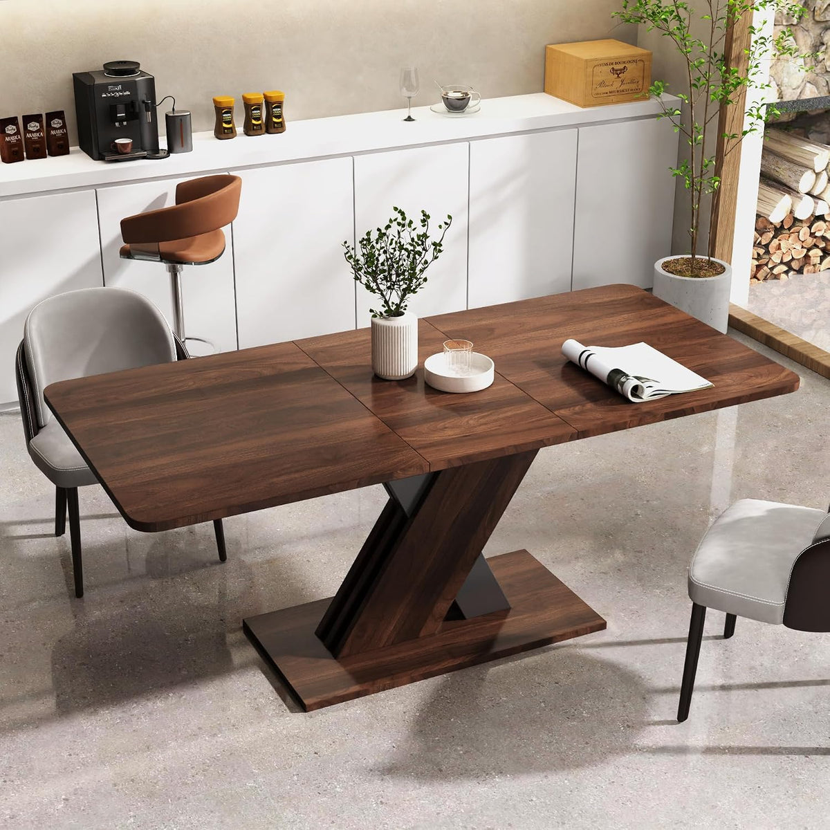 70.87'' Extendable Wood Dining Table, Modern Multifunctional Rectanglar Kitchen Dinner Table for Living Room Home Office, X-Shaped Base, Easy Assembly, Walnut