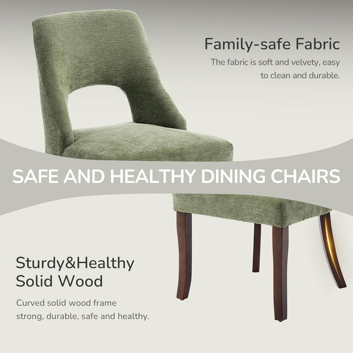 AQO Wooden Dining Chairs Set of 4, Mid Century Upholstered Kitchen Chairs Dining Room Chairs, Chenille Farmhouse Kitchen Chairs Dinner Chair for Kitchen Dining Room, Green