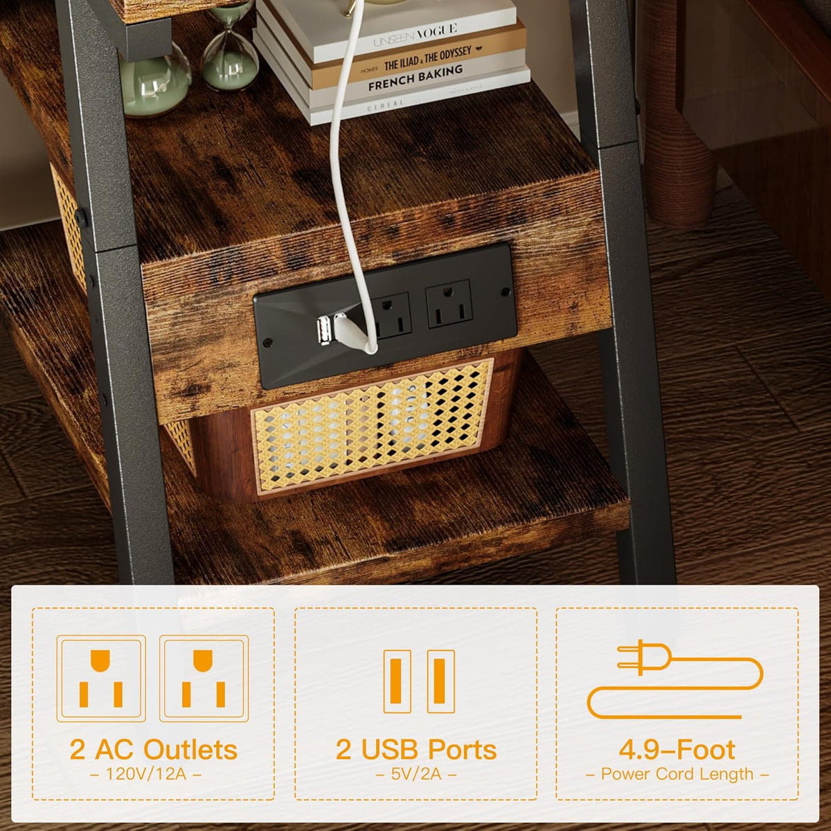 SIde Table with Charging Station, Small End Tables with Lucky 7 Metal Shape, 3-Tier Nightstand with Outlets and USB Ports, Adjustable Leveling Feet, Side Table for Living Room, Bedroom (Rustic Brown)