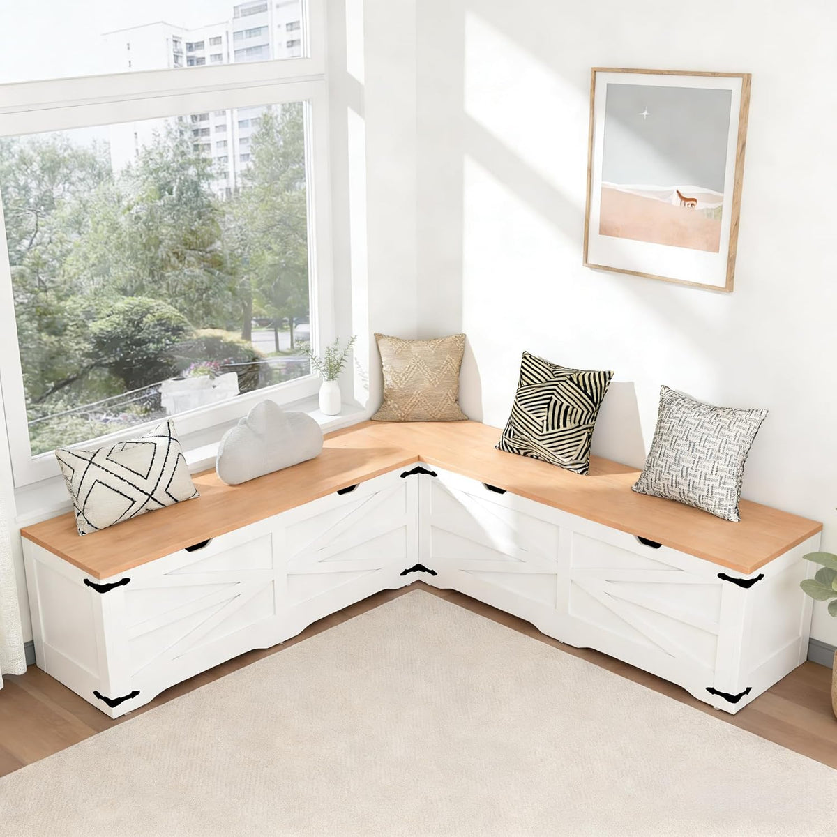 L Shape Storage Bench, Kitchen Breakfast Nook Bench, Farmhouse Corner Bench with Storage for Entryway, Dining Room, Kitchen