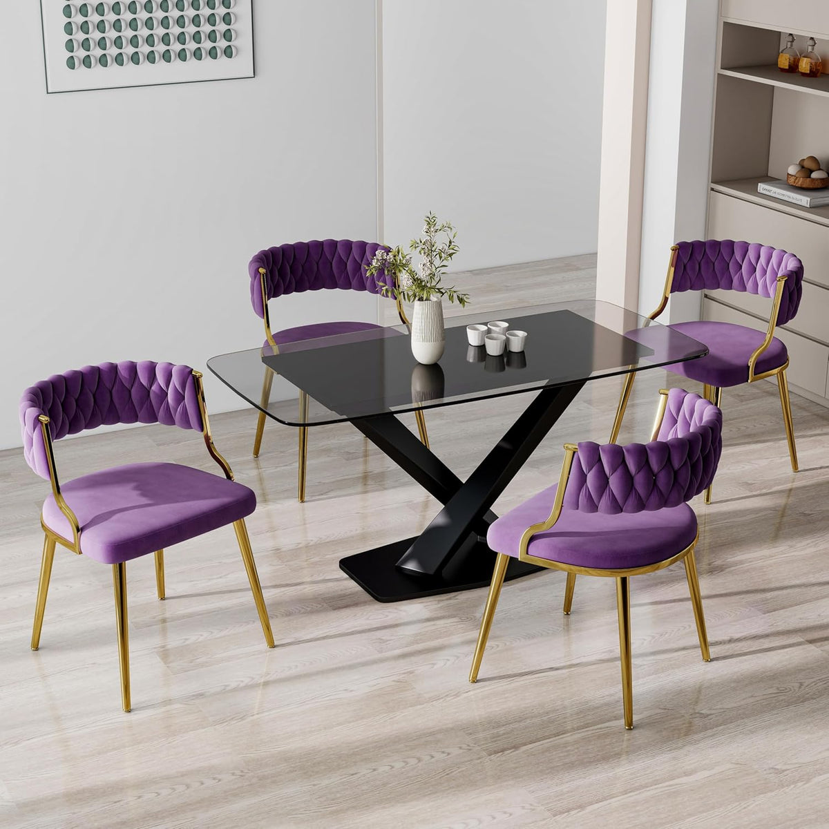 Velvet Dining Chairs Set of 2, Upholstered Dining Chair for Living Room, Modern Woven Kitchen Side Seats with Golden Legs, Great for Bedroom Kitchen Vanity - Purple