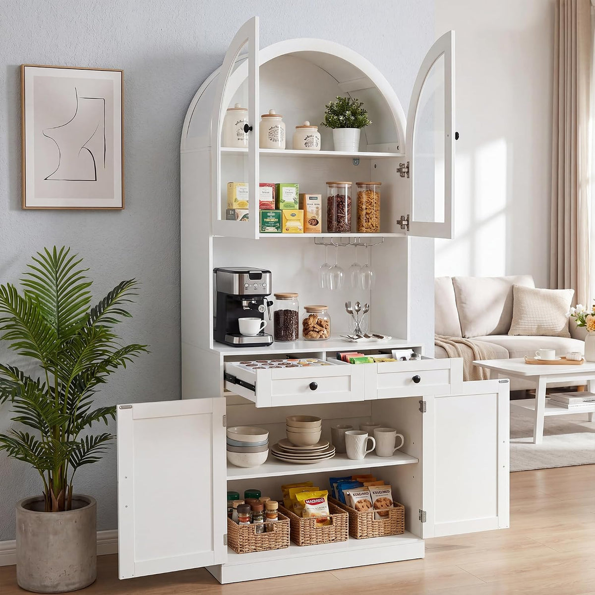 Polibi 75" Farmhouse Arched Pantry Cabinet with Charging Station, Adjustable Shelves, Open Countertop & Glass Racks, Tempered Glass Door & Barn Door, Coffee Bar Cabinet for Dining Room, White