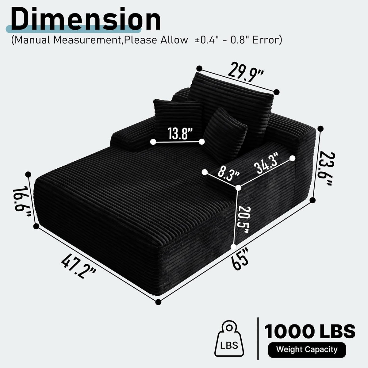 65'' Chaise Lounge Chair Indoor, Black Corduroy Sofa Bed, Lounge Chair, Oversized Sleeper Sofa, Black Corduroy Cloud Couch Reading Chair for Living Room No Assembly