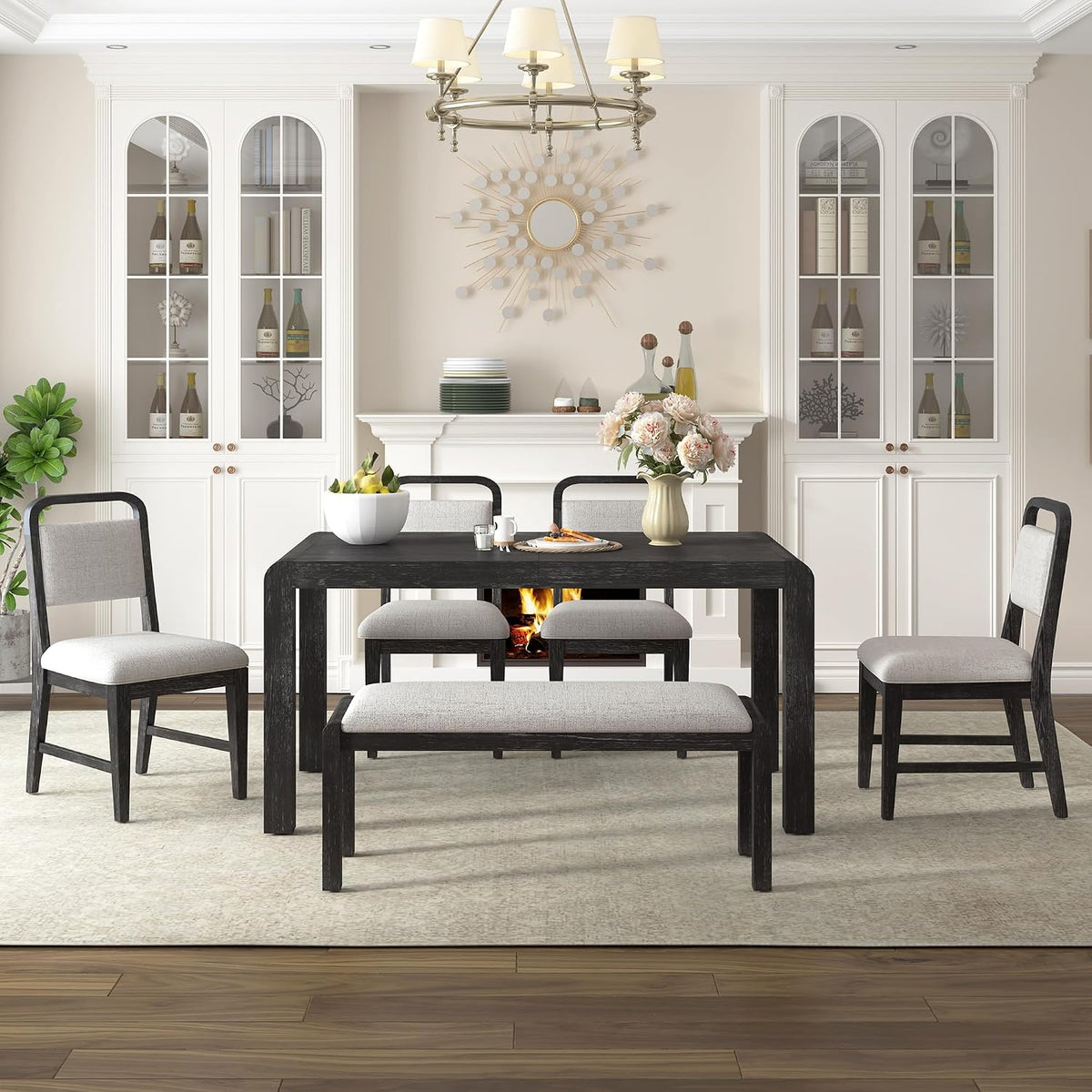 LUMISOL 6-Piece Solid Wood Dining Table Set, Extendable Kitchen Table Set for 4-6 with 4 Upholstered Chairs and 1 Bench for Kitchen, Dining Room, Living Room, Espresso