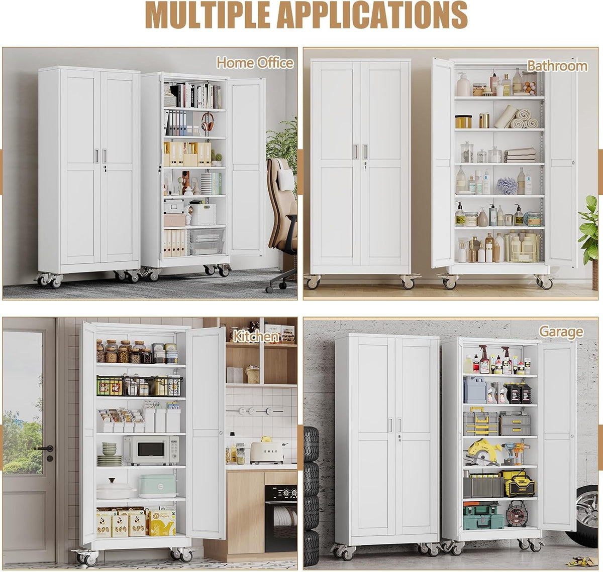 75" H Metal Pantry Storage Locker Cabinet with Wheels,Rolling Kitchen Pantry Cabinet with 2 Doors and 5 Adjustable Shelves, Lockable Steel Garage Tool Cabinet Organization for Home,Gym,School,White