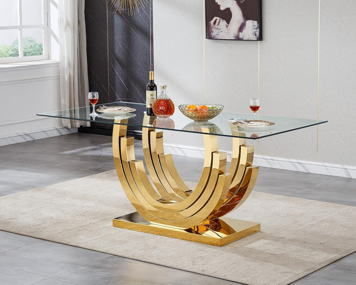 70 inch Tempered Glass Dining Table, Rectangular Glass Kitchen Table with Gold Stainless Steel C Shape Base, 4 to 6 Seater, Modern Dining Room Table for Daily Meals, Dinner Party, Family Gathering