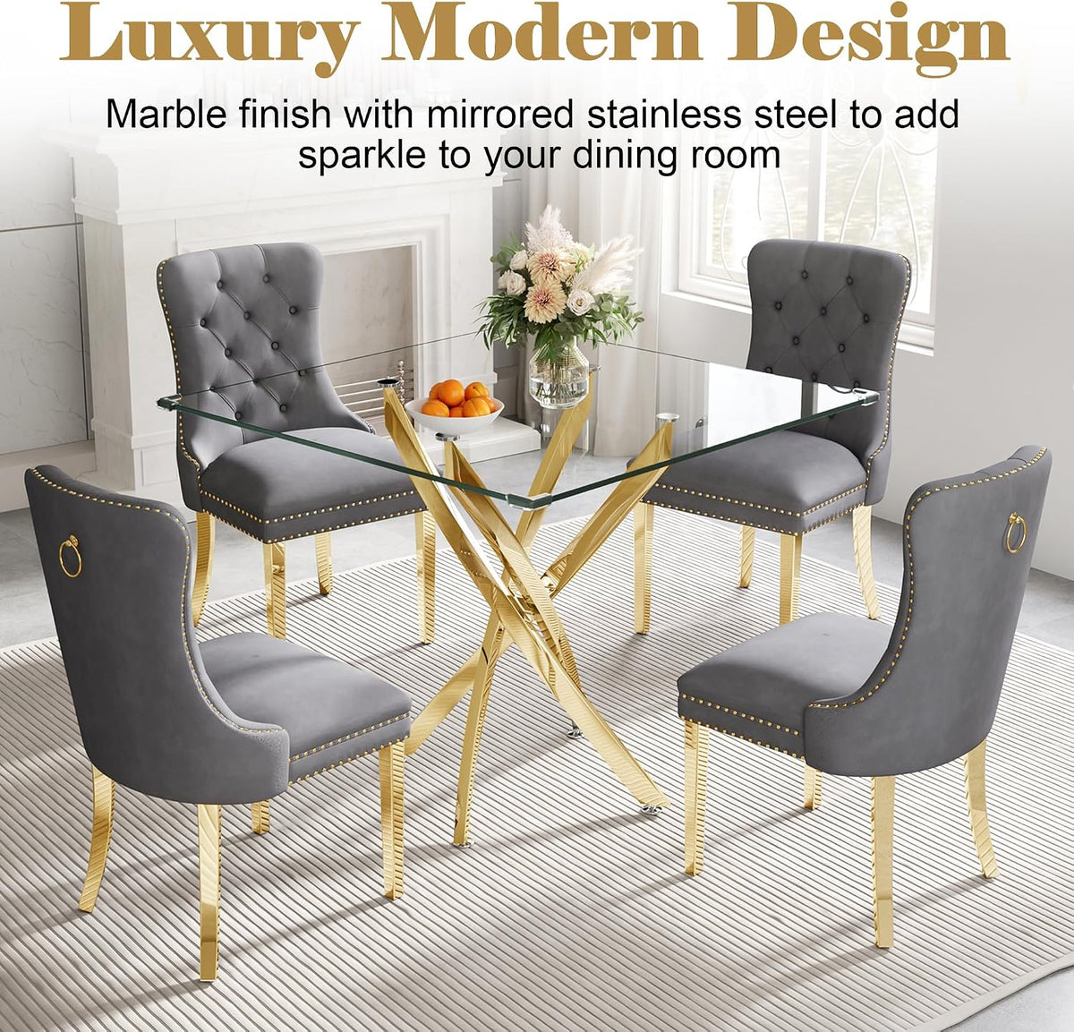 AF ARTISAN FURNITURE 36" Square Glass Dining Table Set for 2, 3-Piece Modern Kitchen Table with 2 Grey Velvet Chairs, Dining Room Table Set for Apartments Small Spaces (Gold Leg)