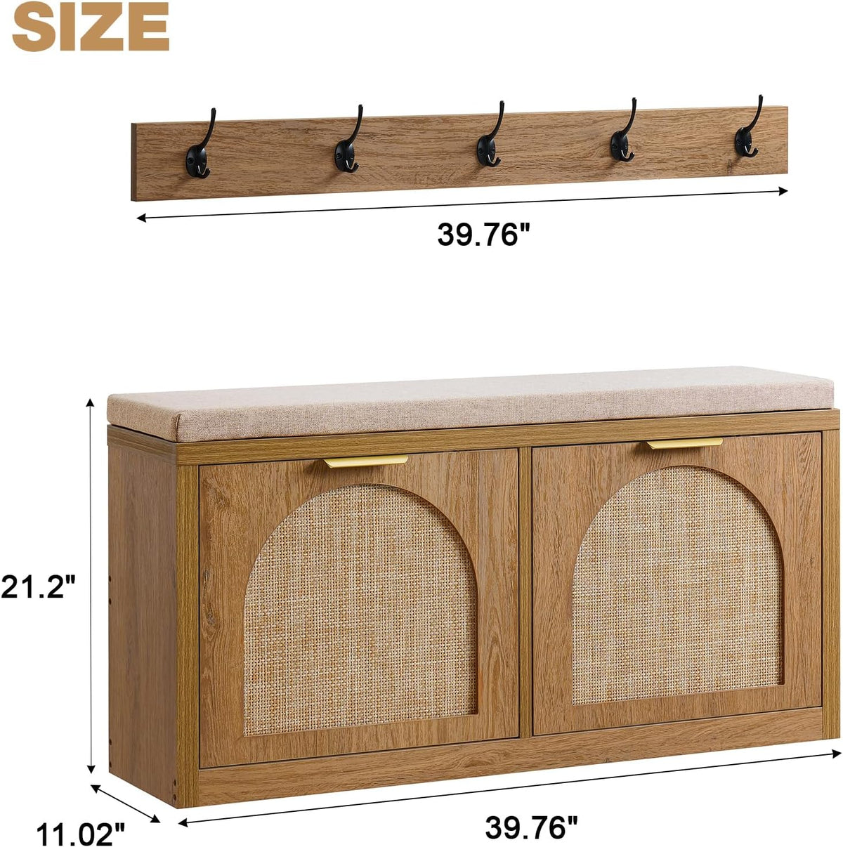 Rattan Narrow Entryway Bench with Shoe Storage, 2 Flip Drawers & Coat Rack, Mid-Century Modern Wood Shoe Cabinet with Seat Cushion for Foyer/Hallway (Rustic Oak Rattan)