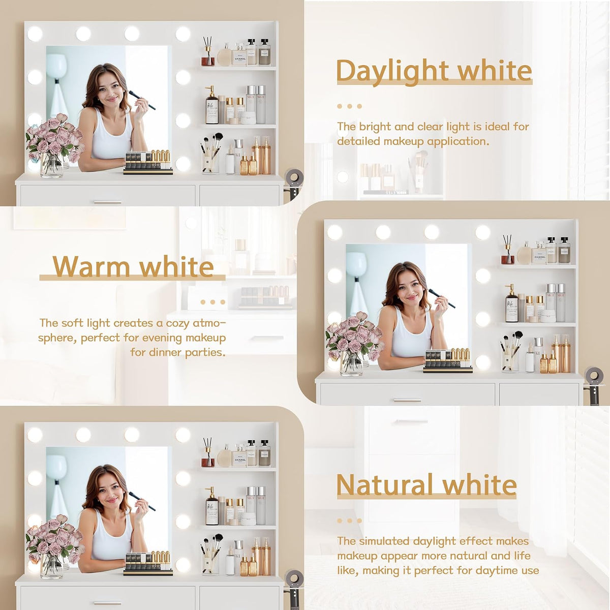 Furmax Vanity Desk with LED Lighted Mirror&Power Outlet, Makeup Vanity Table with 4 Drawers, 3 Open Storage Shelves, and 3 Color Modes, for Bedroom (Pure White)