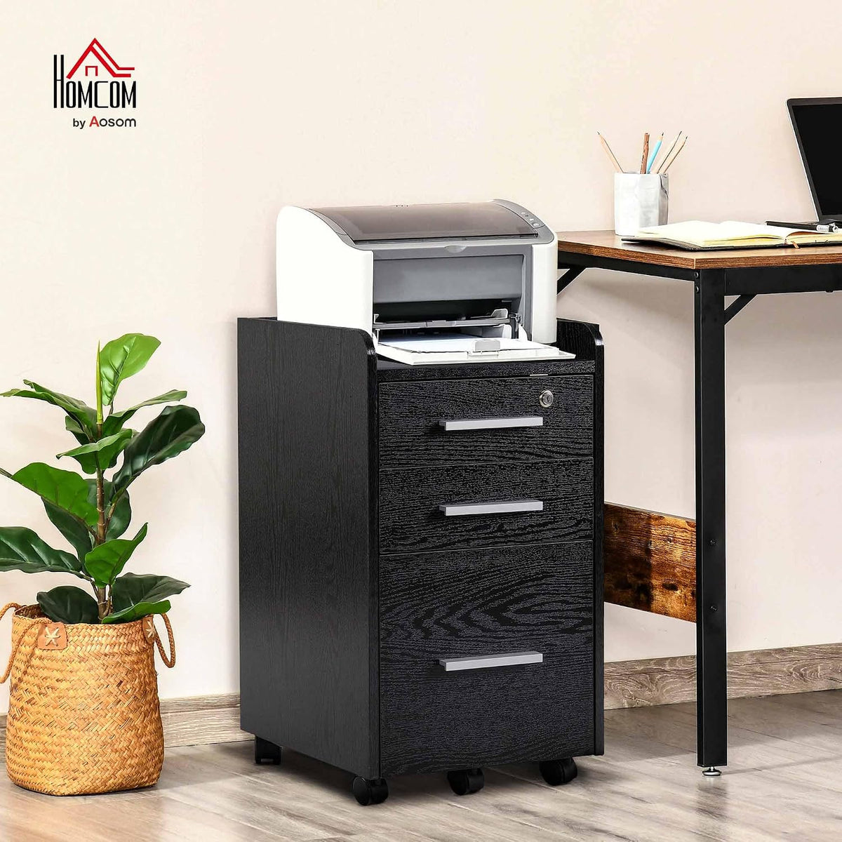 HOMCOM Office Desk Storage Cabinet on Wheels 3 Drawers 1 Lockable 1 Sorter File Folder Wooden Black