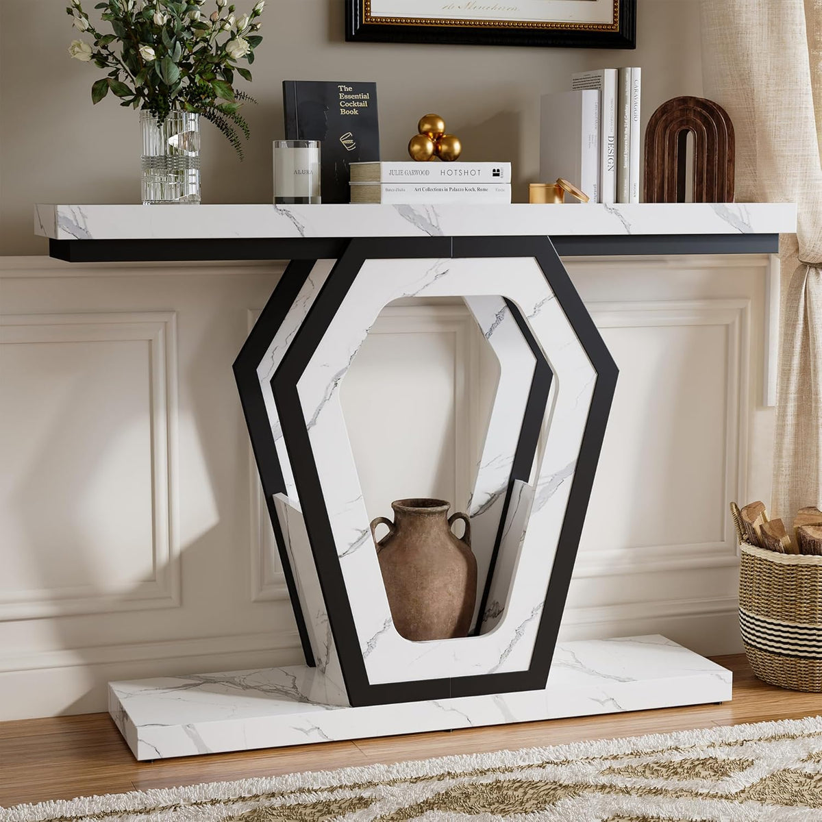 FUSUNBAO 47.3" Console Table,Openwork Bracket Sofa Table, Wood Narrow Entryway Table for Hallway, Behind The Couch, Living Room, Foyer, Easy Assembly（White Marble Texture）
