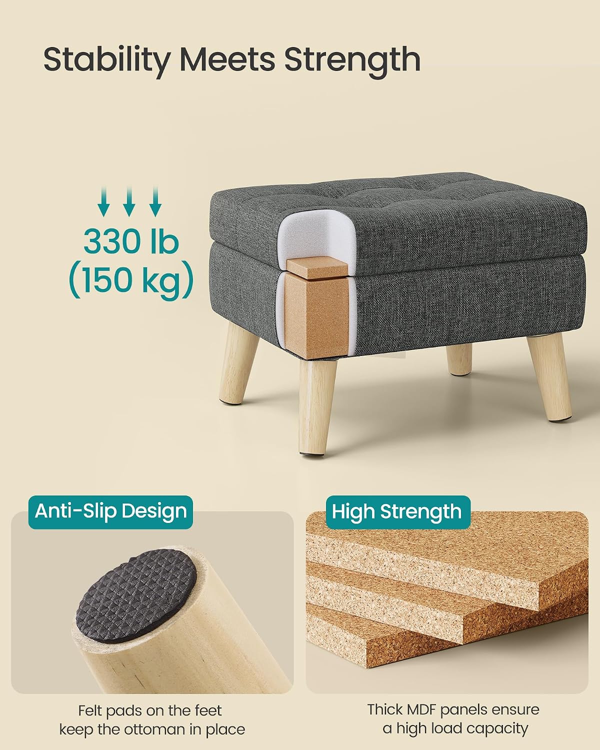 SONGMICS Storage Ottoman, Foot Stool, Ottoman with Padded Seat, Foot Rest with Wood Legs, Small Table, for Hallway, Living Room, 11.8 x 15.7 x 11.4 Inches, Linen-Look Fabric, Slate Gray ULOM517GN01