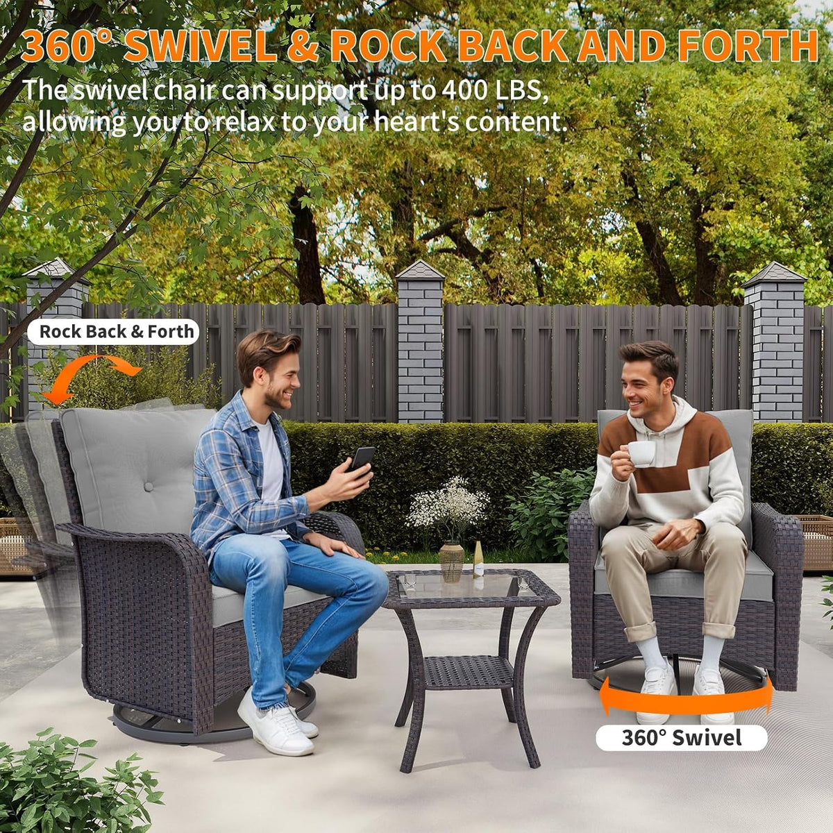 Gotland Outdoor Swivel Chairs Set of 2, 5 Pieces Patio Furniture Set with Ottomans Rattan Coffee Table Thick Cushion, Outdoor Swivel Rocker Wicker Patio Bistro Set for Balcony Porch, Grey