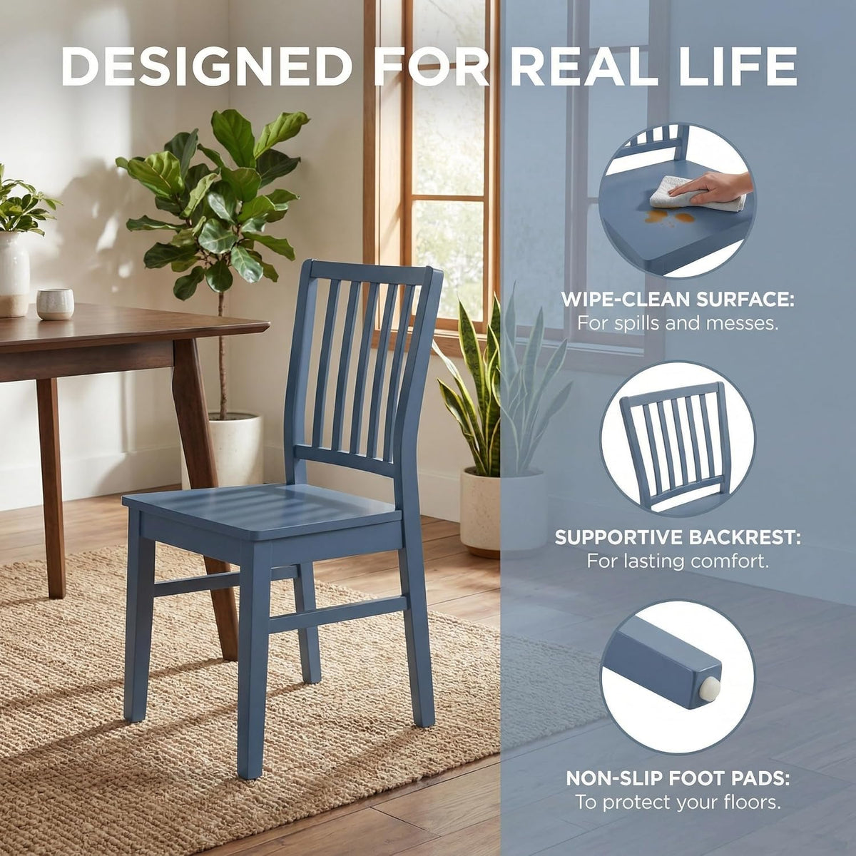HNY Blue Wood Dining Chairs Set of 4, Farmhouse Kitchen Chairs with High Backrest and Wooden Legs, Armless Dining Side Chairs for Kitchen/Dining Room/Restaurant