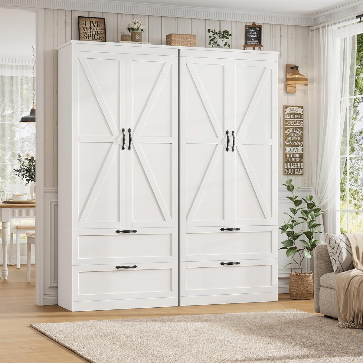 HOSTACK 70" Kitchen Pantry Storage Cabinet, Farmhouse Pantry Cabinet, White | Large Food Kitchen Pantry with 2 Wide Drawers & Adjustable Shelf, Tall Snack Cabinet with Doors, Dining Room, Living Room