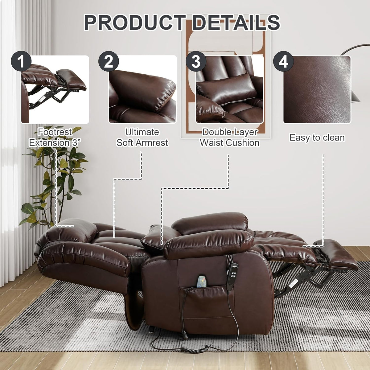 EDILLY XL Large Genuine Leather Lift Chair Recliner for Elderly, Dual Motor with Massage and Heating,with Double Lumbar Cushion and Extended Footrest,USB Port and Remote,Seat Width 26"(Brown)