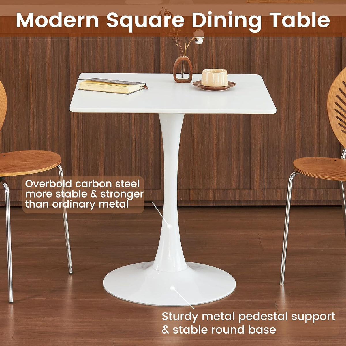 Square Dining Tulip Table for 4, Mid-Century Modern Table with Sturdy Metal Pedestal for Kitchen, Bistro, Cafe, Leisure (White, 27.6 INCH)