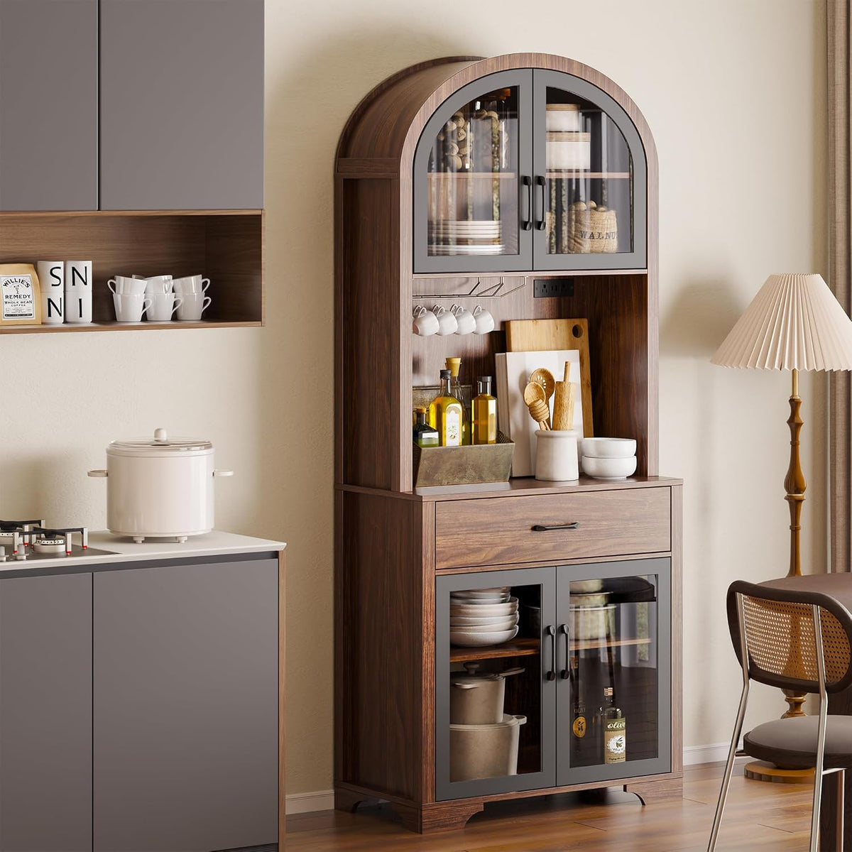 Arched Kitchen Pantry Cabinet, Kitchen Hutch Storage Cabinet with Countertop and Charging Station, Tall Coffee Bar Cabinet with Storage, Dining Room Kitchen Hutch Cabinet with Storage